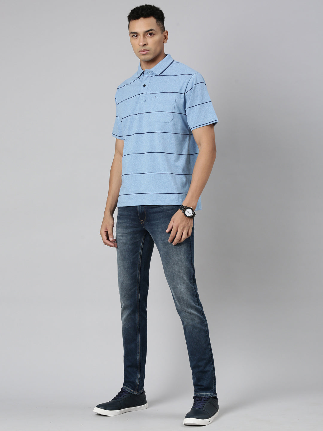 Classic Polo Men's Polo Neck Cotton Navy/Grey Authentic Fit Striped T-Shirt | MEL-255 A AF P