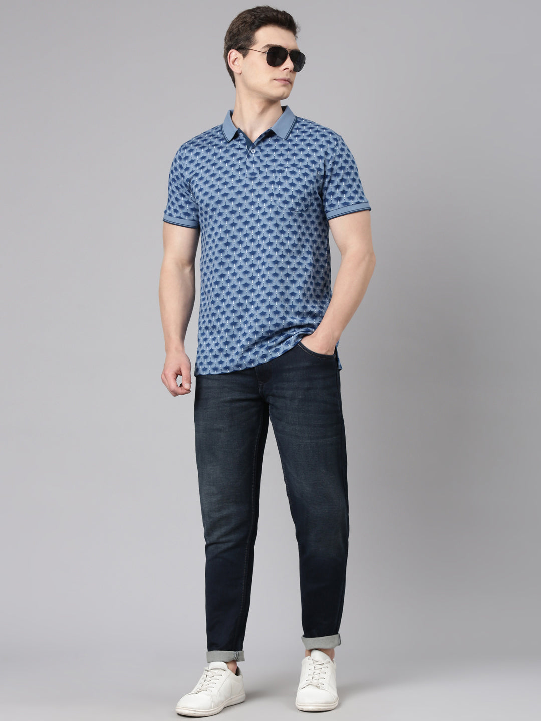 Classic Polo Men's Half Sleeve Blue Polo Neck Slim Fit All Over Print Cotton T-Shirt | BELLO - 350 A SF P