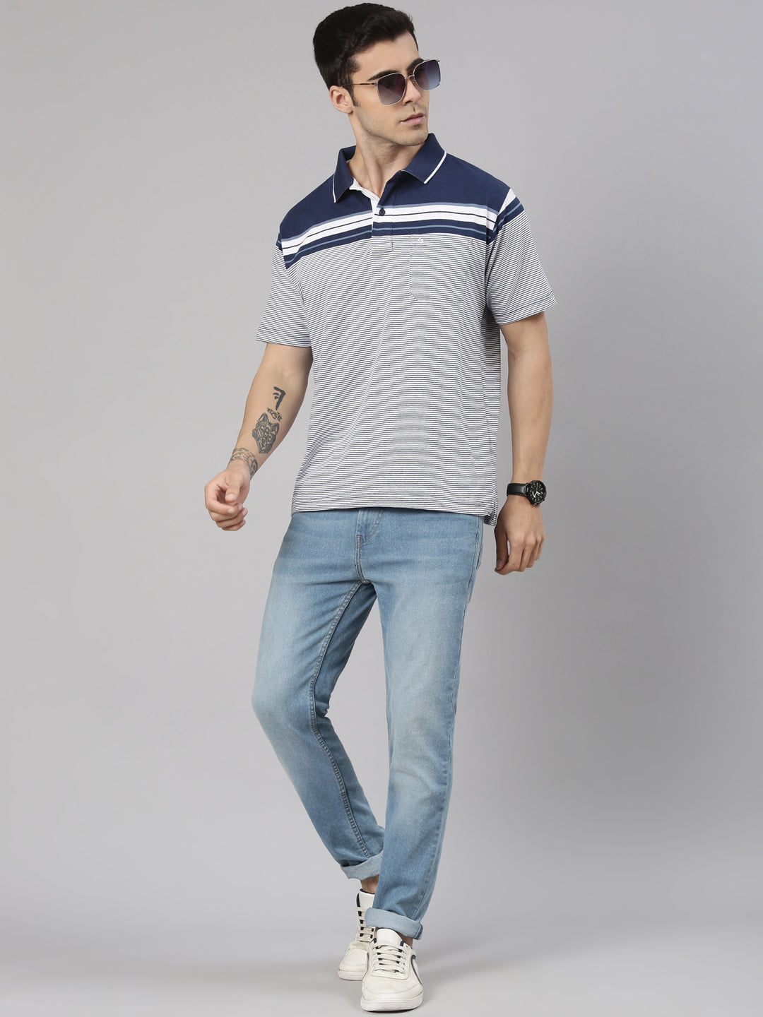 Classic Polo Men's Half Sleeve White/Navy Polo Neck Authentic Fit Striped Cotton T-Shirt | LTS-STR - 86 B AF P