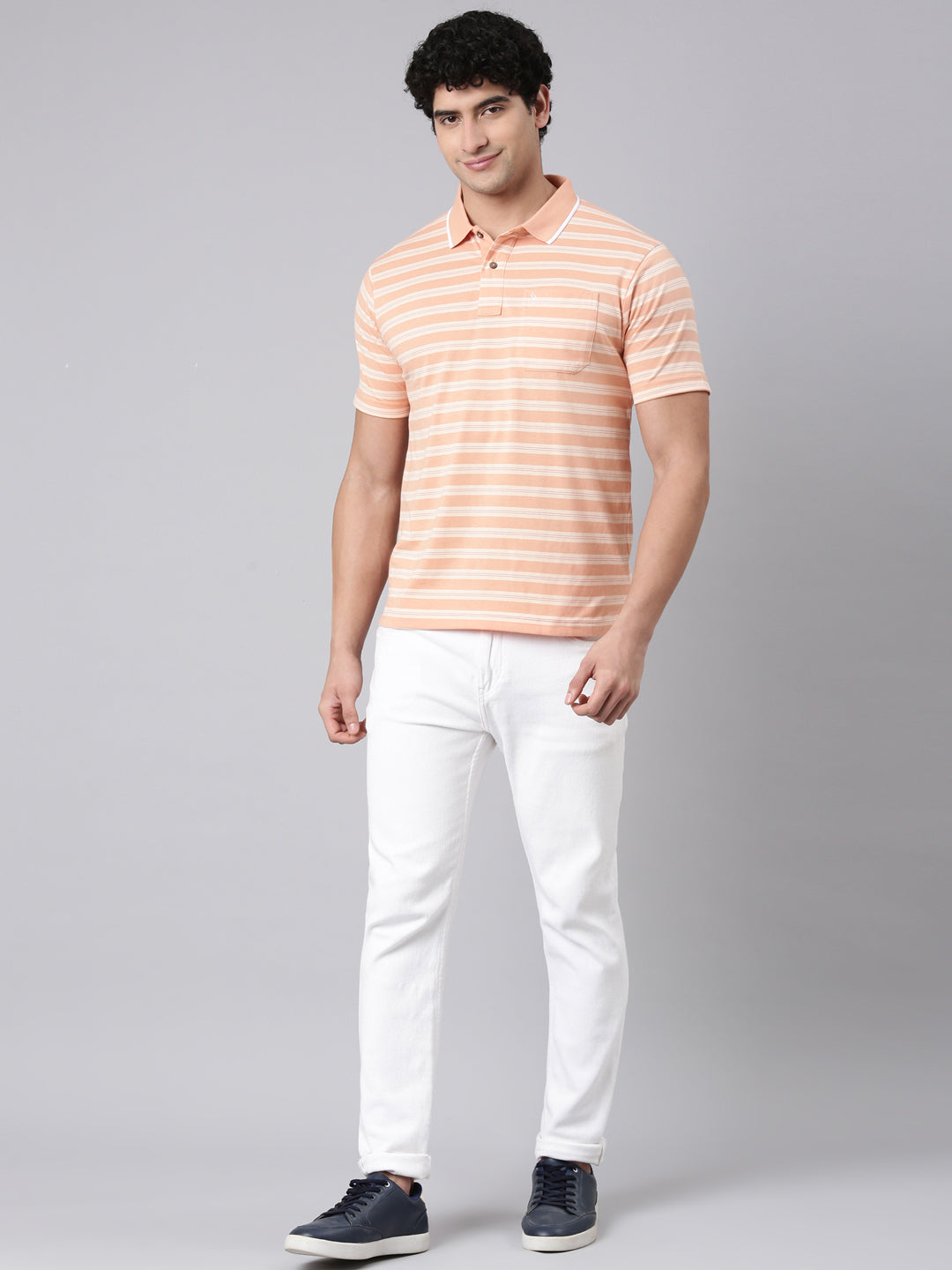 Classic Polo Men's Half Sleeve Orange Polo Neck Authentic Fit Striped Cotton Blend T-Shirt | FEEDERS - 306 A AF P