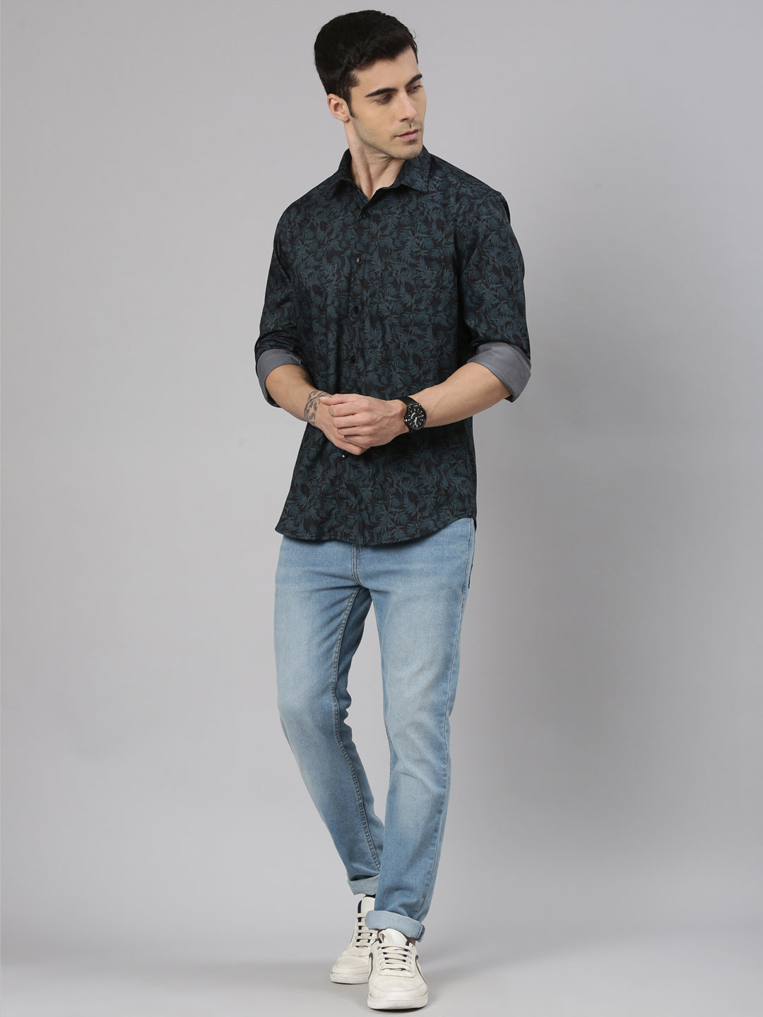 Classic Polo Men's Full Sleeve Black/Blue Polo Neck Slim Fit All-Over Print Cotton Shirt | LSHQ2-97 A-FS-PRT-SF