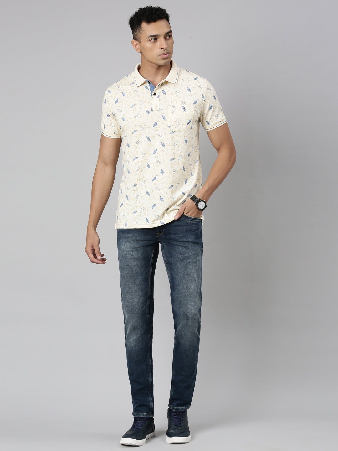 Classic Polo Men's Polo Neck Cotton Beige Slim Fit Printed T-Shirt | BELLO-256 B SF P