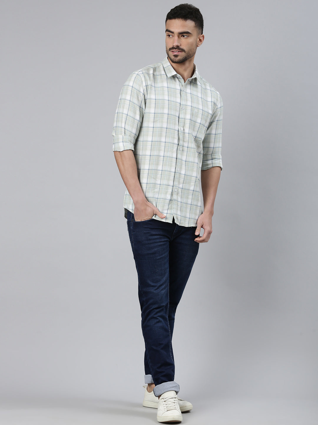 Classic Polo Men's Full Sleeve White/Light Green Polo Neck Slim Fit Checked Cotton Casual Shirt | SQ2-CL-102 B-FS-CHK-SF