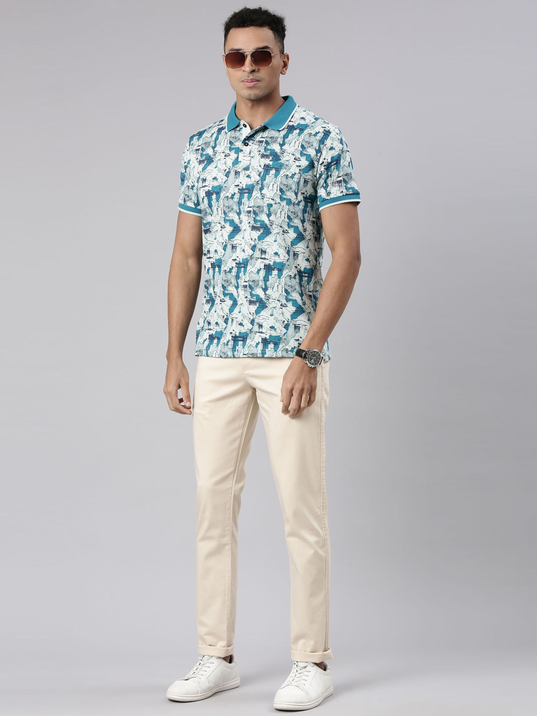 Classic Polo Men's Half Sleeve Blue/White Polo Neck Cotton Blend Slim Fit T-Shirt | BELLO - 305 B SF P