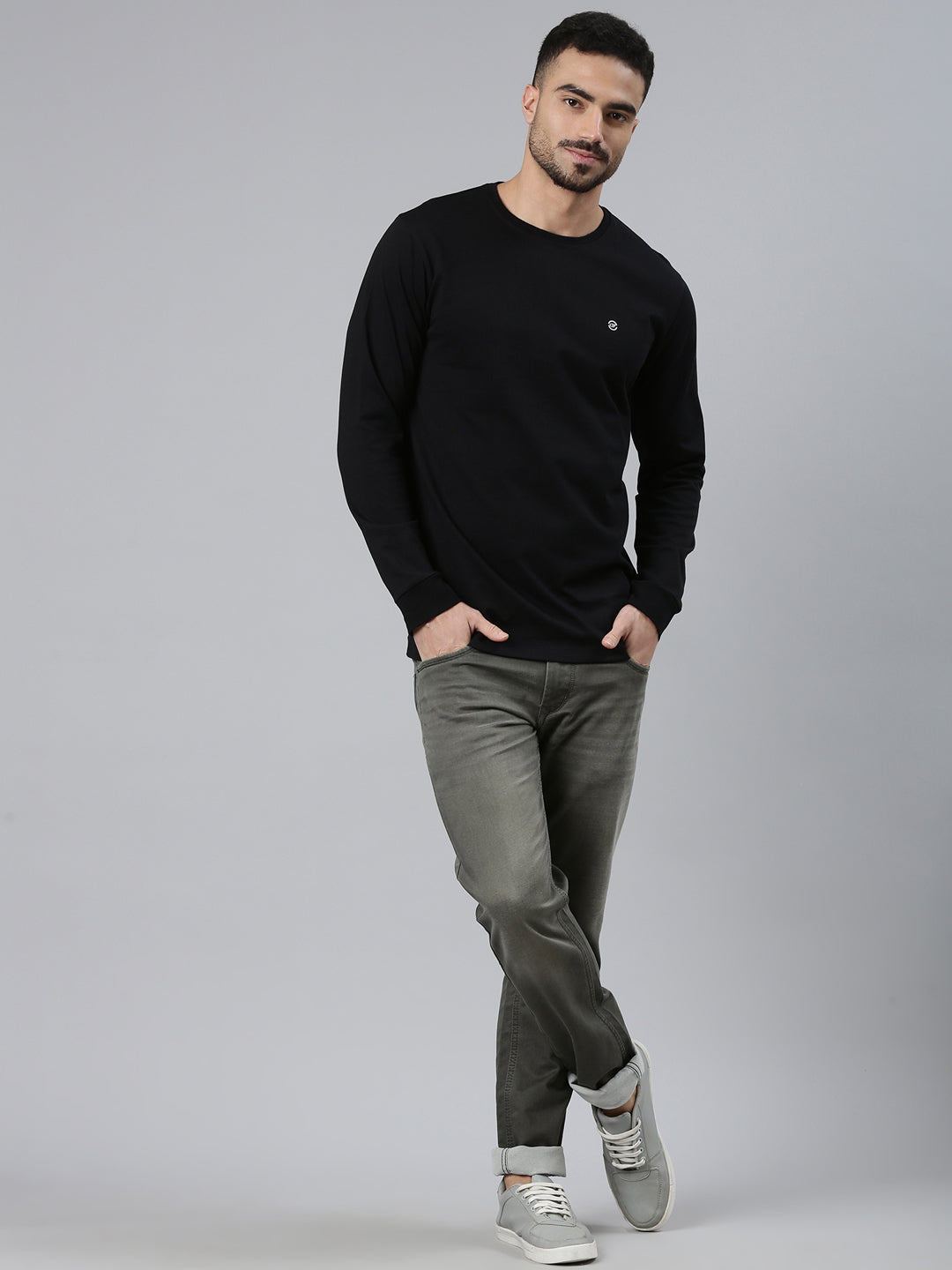 Classic Polo Men's Full Sleeve Black Crew Neck Slim Fit Solid Cotton T-Shirt | LTS-FSH - 108 B SF C - FS