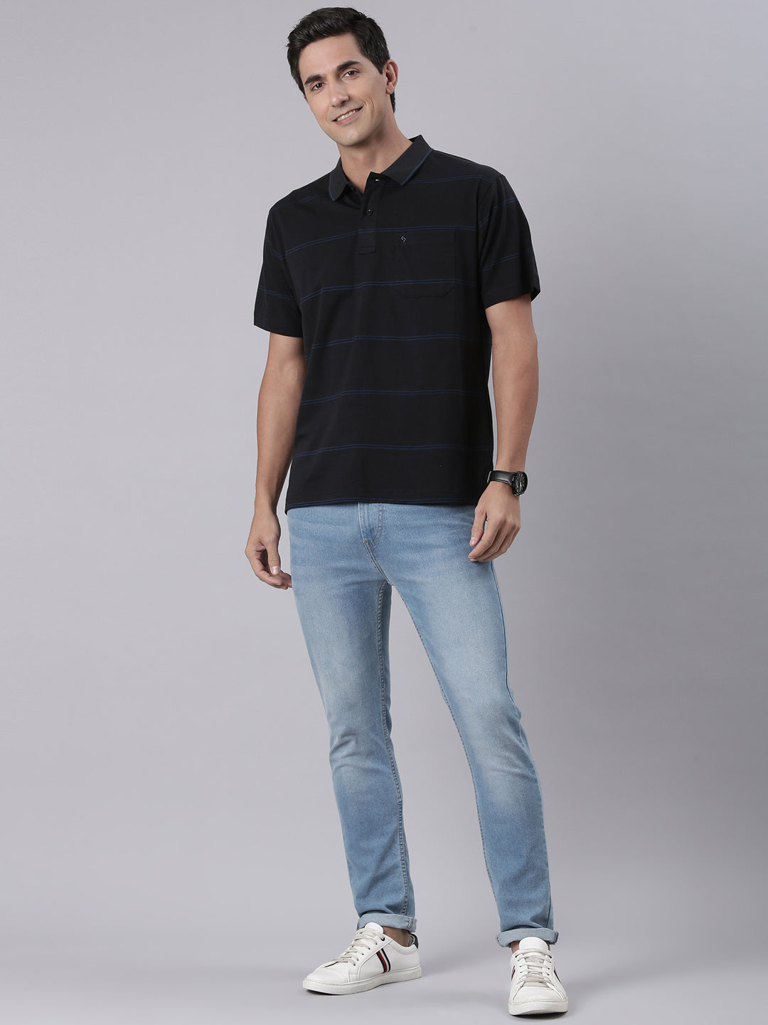 Classic Polo Men's Half Sleeve Black Polo Neck Authentic Fit Striped Cotton T-Shirt | AP - 146 A AF P