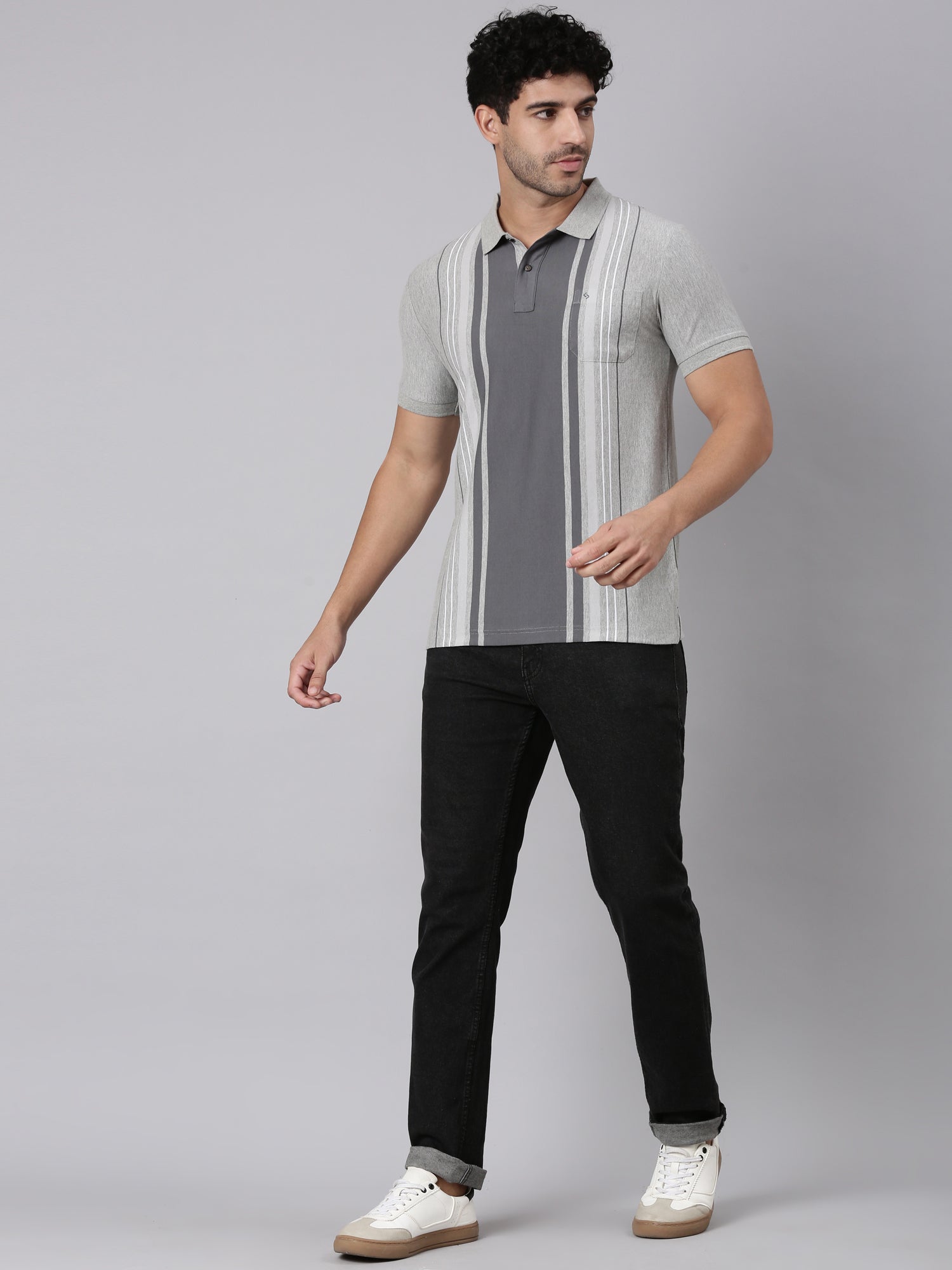 Classic Polo Men's Half Sleeve Grey Polo Neck Slim Fit Striped Cotton Blend T-Shirt | VERTICS - 124 A SF P