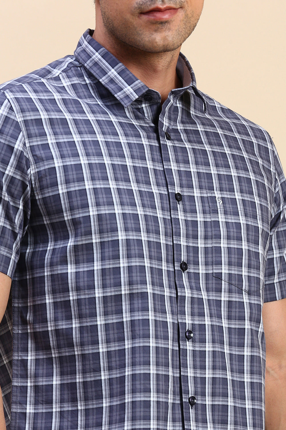 Classic Polo Men's Half Sleeve Blue/White Polo Neck Slim Fit Checked Shirt | SP2-CL-77 B-HS-CHK-SF