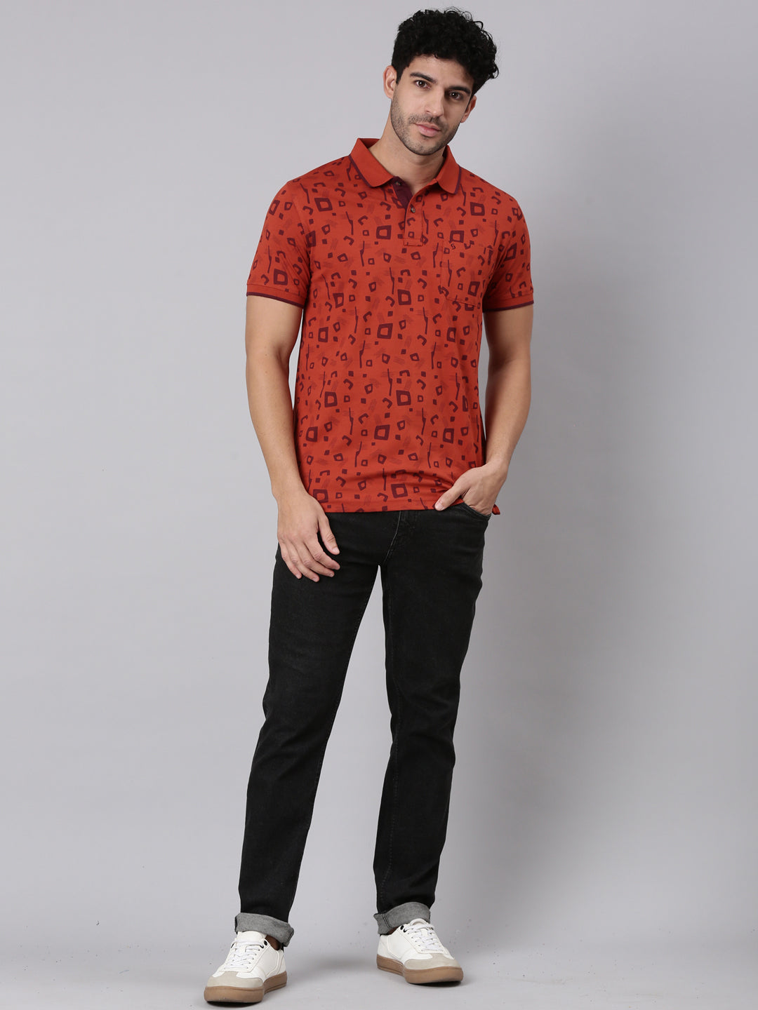 Classic Polo Men's Half Sleeve Rust Polo Neck Slim Fit All-Over Print Cotton T-Shirt | BELLO - 404 B SF P