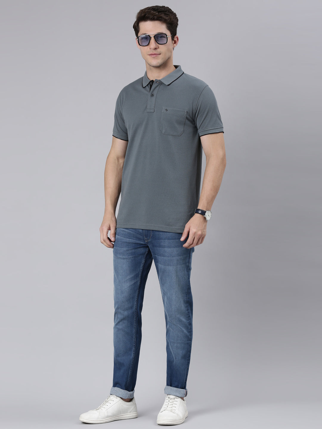 Classic Polo Men's Half Sleeve Steel Grey Polo Neck Slim Fit Solid T-Shirt | ECM-NOVA-STROMY WEATHER SF P