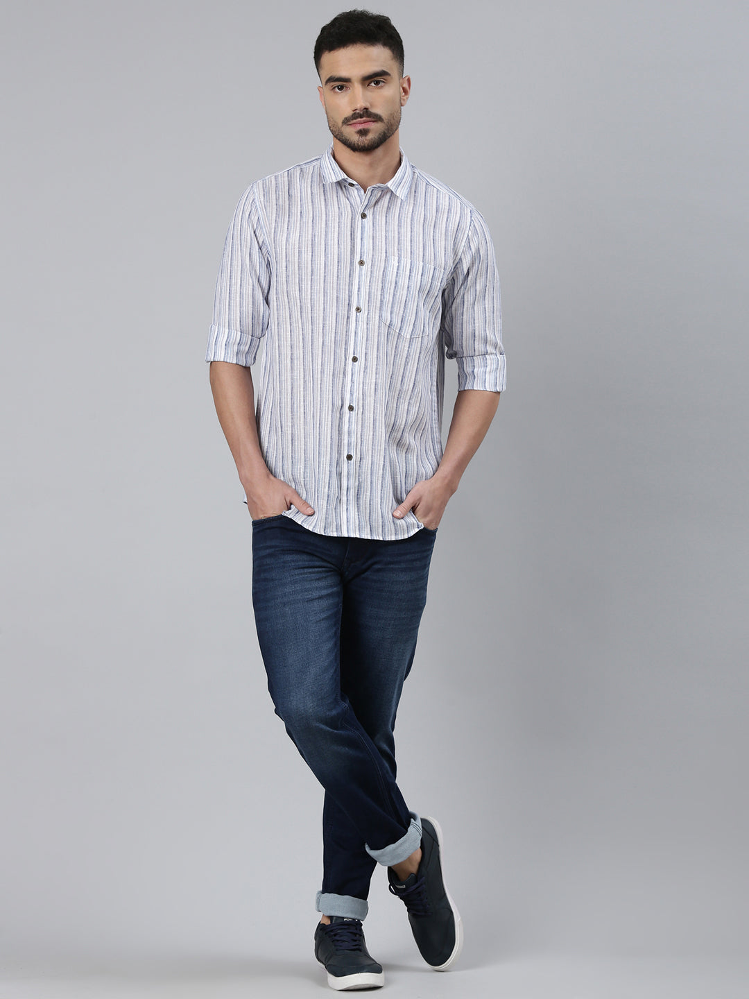 Classic Polo Men's Multicolor Polo Neck Striped Cotton Slim Fit Woven Shirt | SQ2-EL-08 A-FS-STR-SF