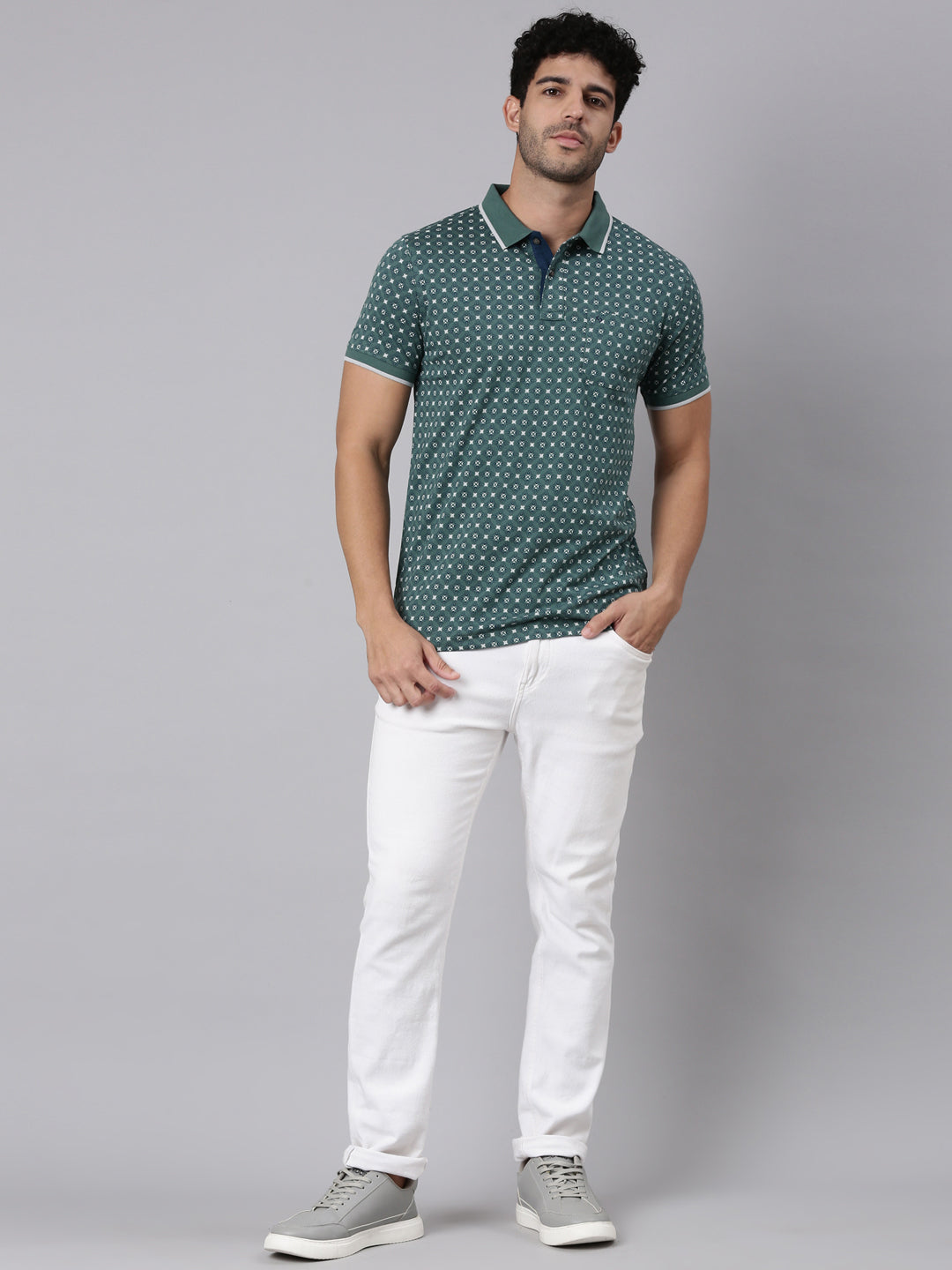 Classic Polo Men's Half Sleeve Green/White Polo Neck Slim Fit All-Over Print Cotton T-Shirt | BELLO - 395 B SF P