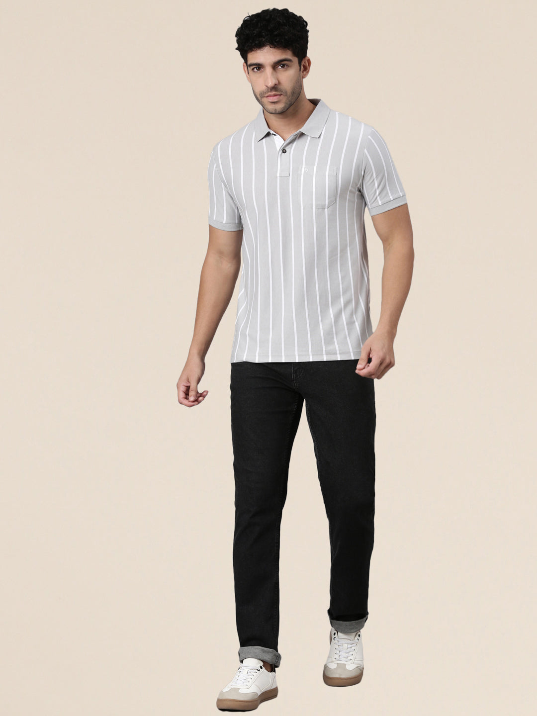 Classic Polo Men's Half Sleeve Grey/White Polo Neck Slim Fit Striped Cotton Blend T-Shirt | VERTICS - 122 B SF P