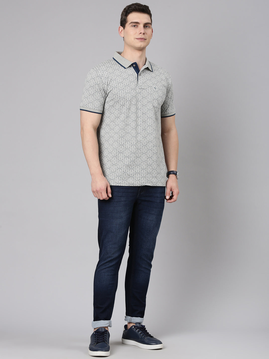 Classic Polo Men's Half Sleeve Grey Polo Neck Slim Fit All Over Print Cotton T-Shirt | BEAU - 290 B SF P