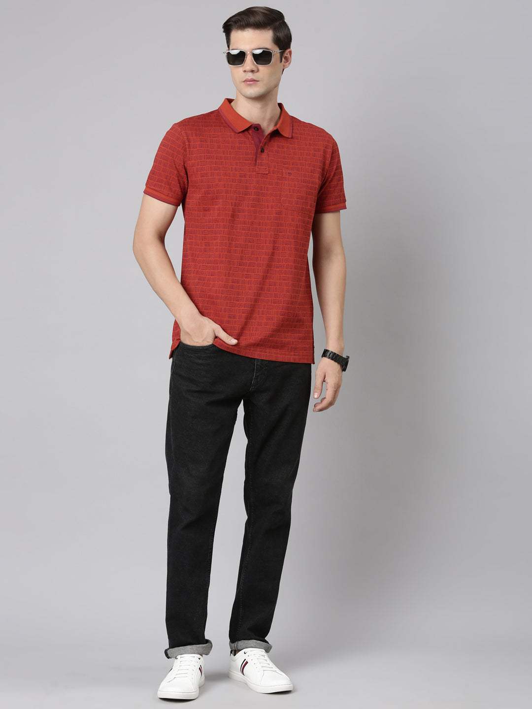 Classic Polo Men's Polo Neck Cotton Red Slim Fit Printed T-Shirt | BELLO-279 B SF P