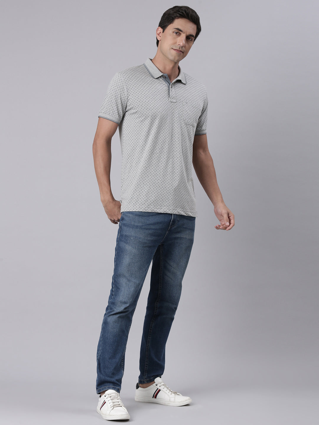 Classic Polo Men's Half Sleeve Grey Polo Neck Slim Fit All Over Print Cotton T-Shirt | BELLO - 344 A SF P