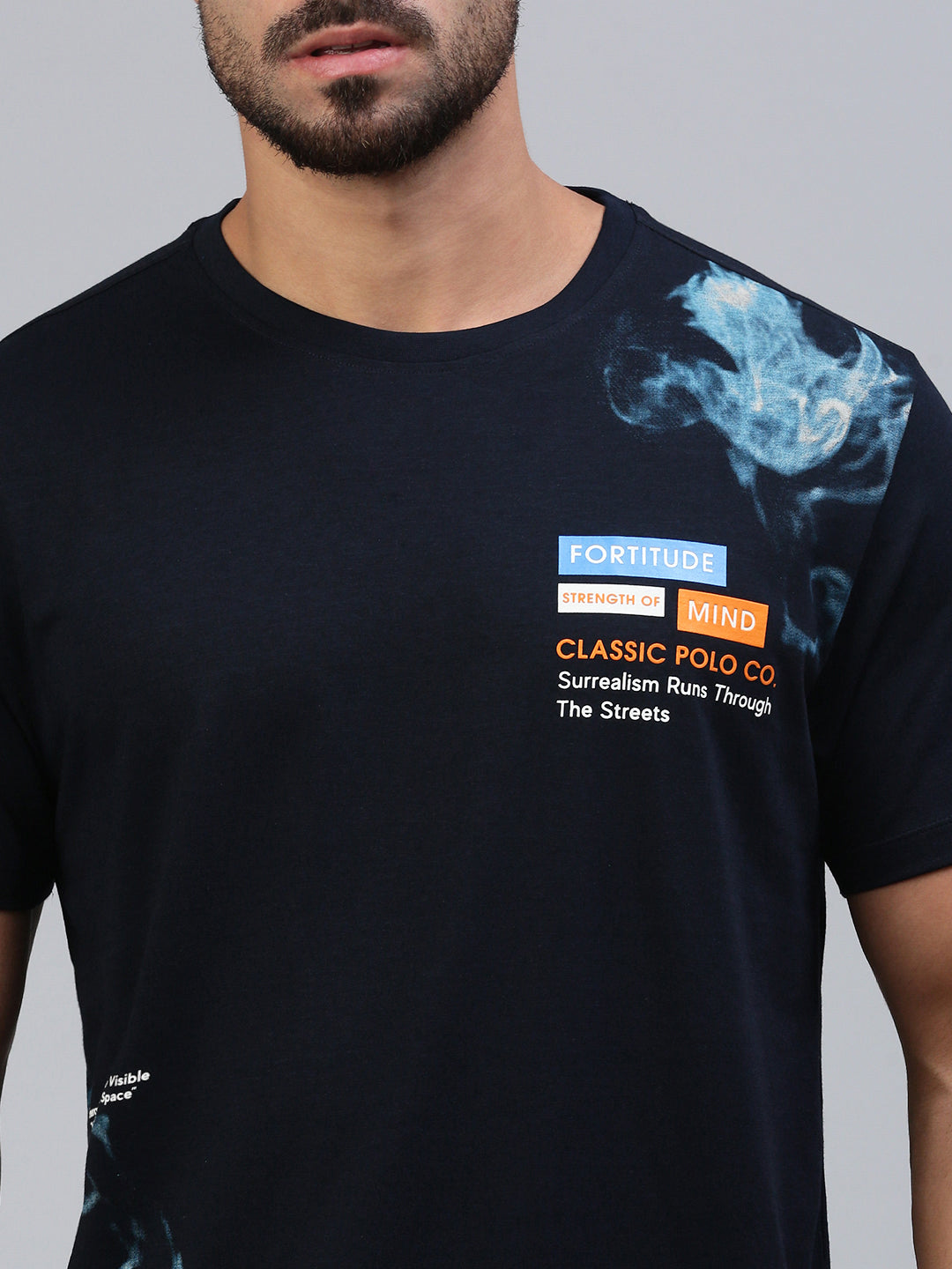 Classic Polo Men's Half Sleeve Navy Blue Crew Neck Slim Fit Printed T-Shirt||BALENO - 621 B SF C