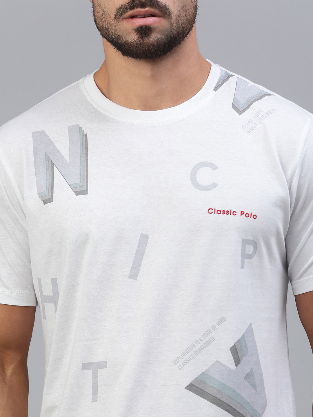 Classic Polo Men's Half Sleeve White Crew Neck Slim Fit Printed T-Shirt||BALENO - 625 A SF C