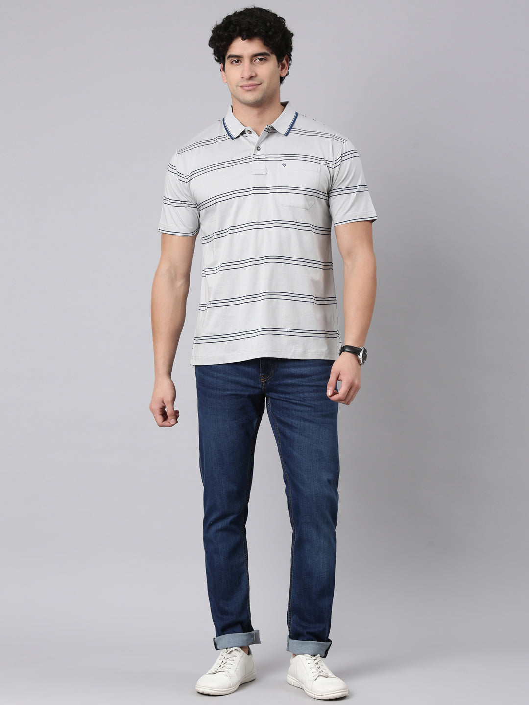 Classic Polo Men's Half Sleeve Grey Polo Neck Authentic Fit Striped Cotton T-Shirt | AP - 157 B AF P