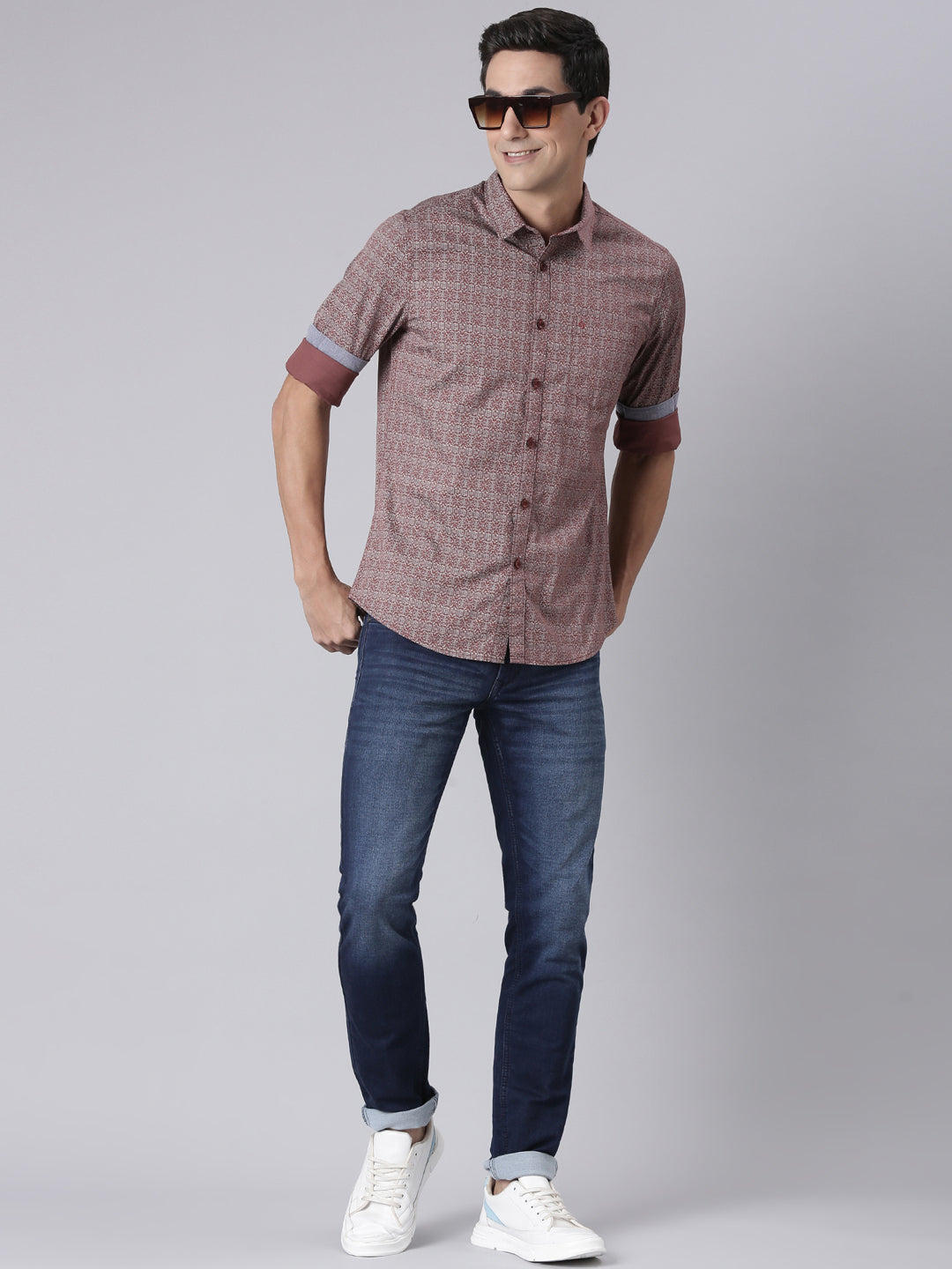 Classic Polo Men's Brown/White Polo Neck Printed Cotton Slim Fit Woven Shirt | LSHQ2-86 A-FS-PRT-SF