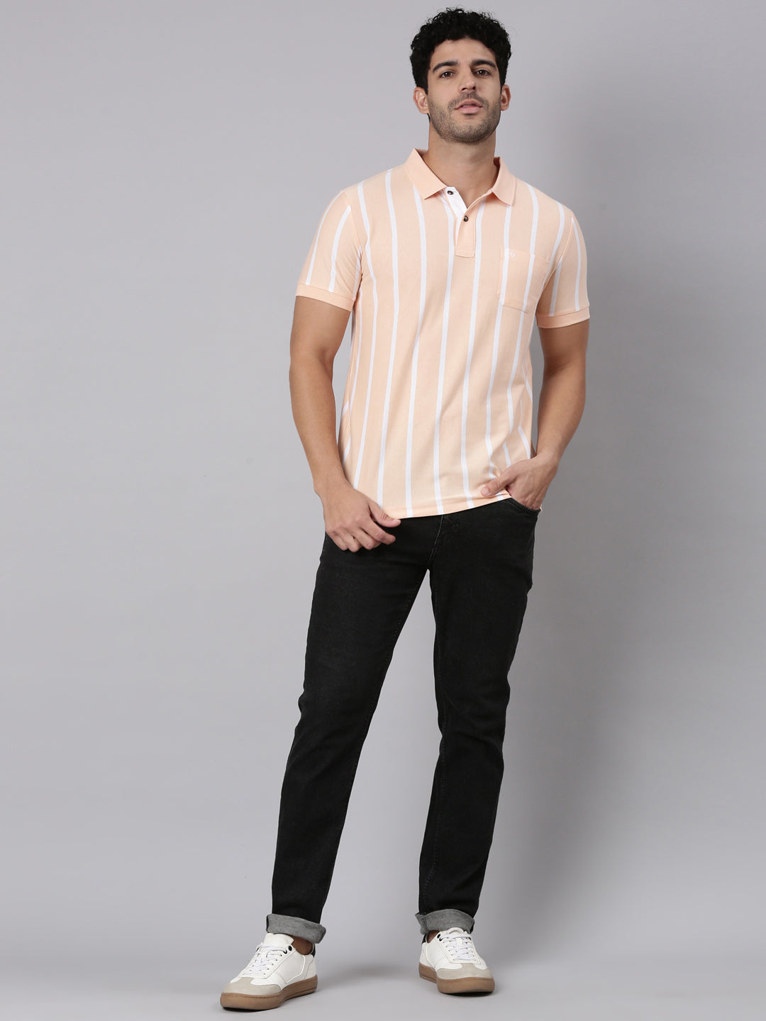 Classic Polo Men's Half Sleeve Light Orange/White Polo Neck Slim Fit Striped Cotton Blend T-Shirt | VERTICS - 121 B SF P