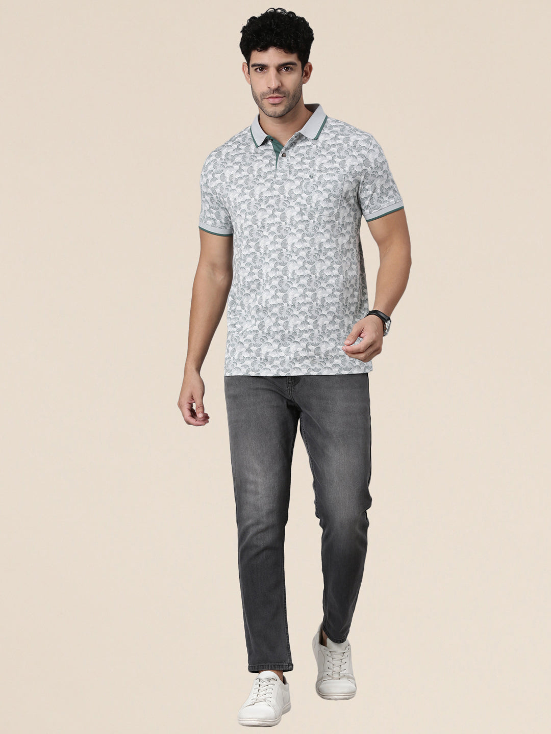 Classic Polo Men's Half Sleeve Light Grey/Teal Polo Neck Slim Fit All-Over Print Cotton T-Shirt | LTS-AOP - 122 B SF P