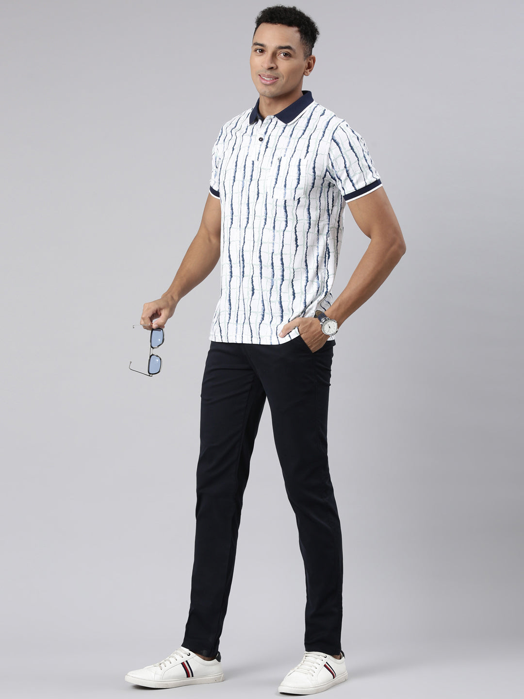 Classic Polo Men's Half Sleeve Blue/White Polo Neck Cotton Blend Slim Fit T-Shirt | BELLO - 303 A SF P