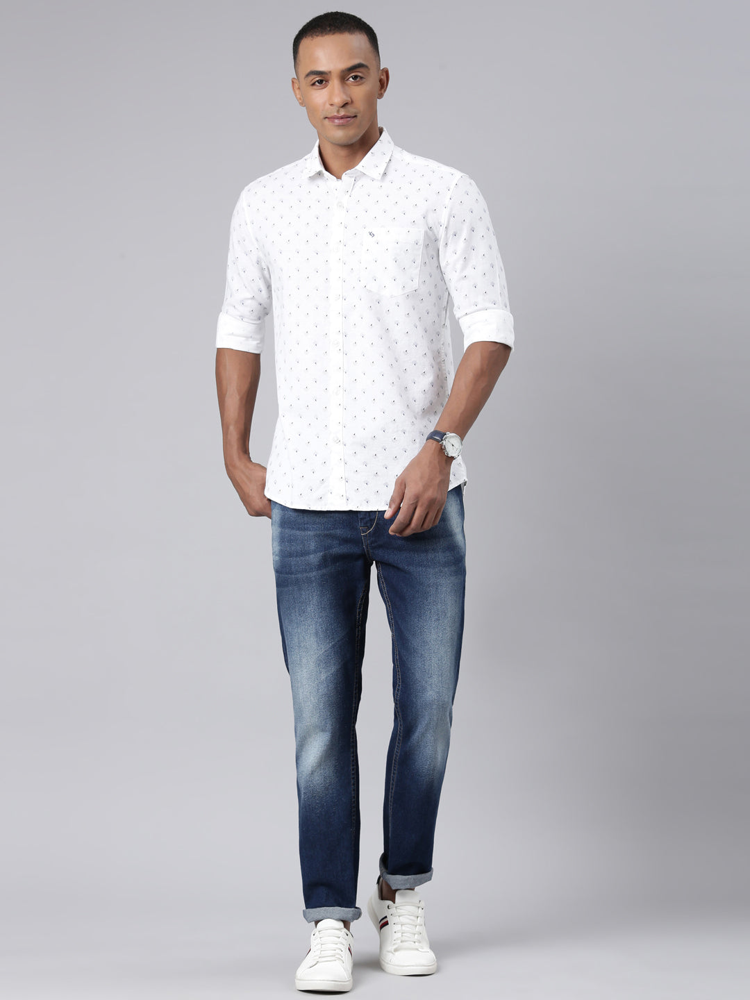 Classic Polo Mens Aop White Polo Neck Woven Slim Fit Shirt | LINEN - 40 A-FS-PRT-SF