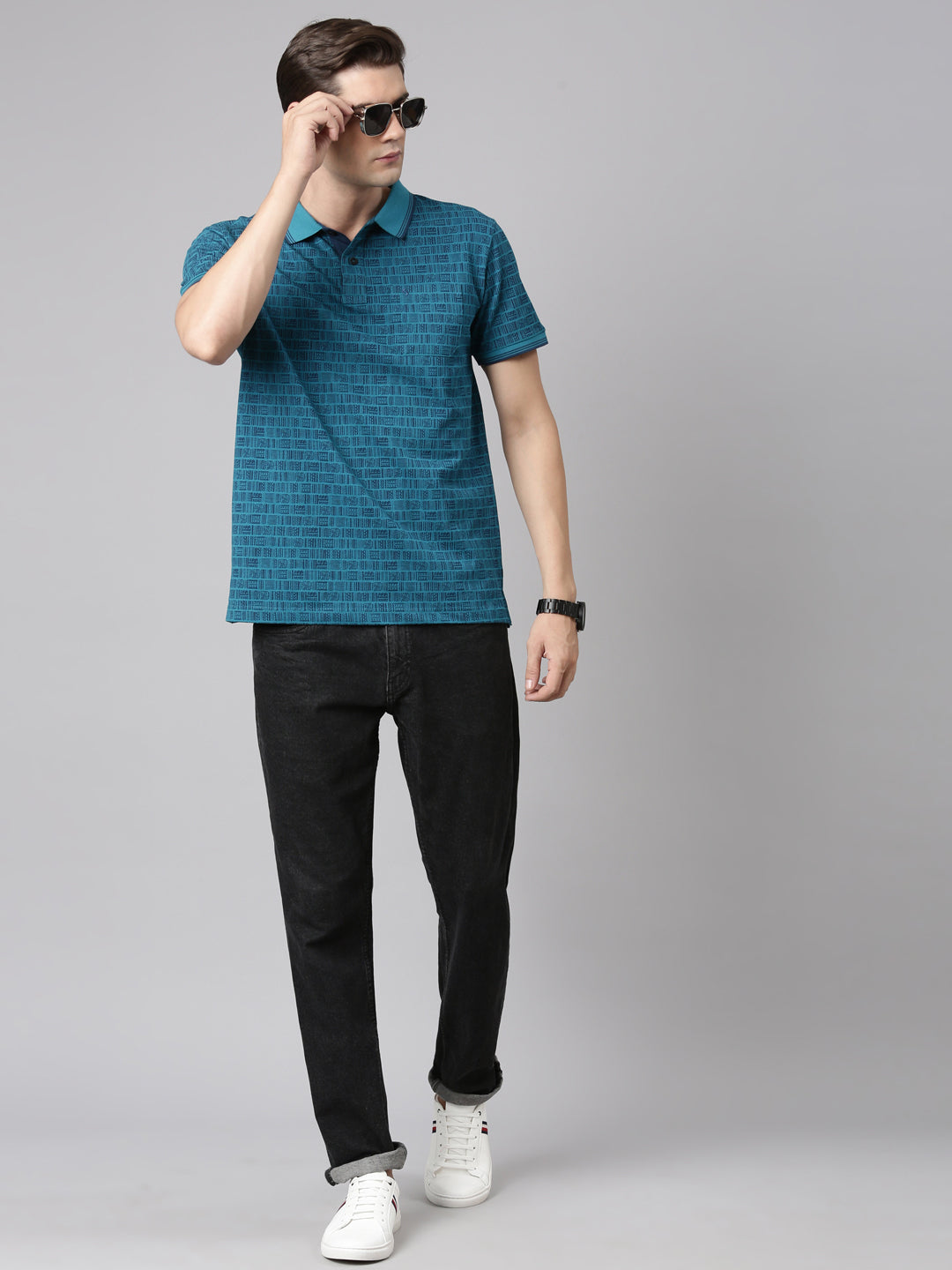 Classic Polo Men's Polo Neck Cotton Teal Slim Fit Printed T-Shirt | BELLO-279 A SF P