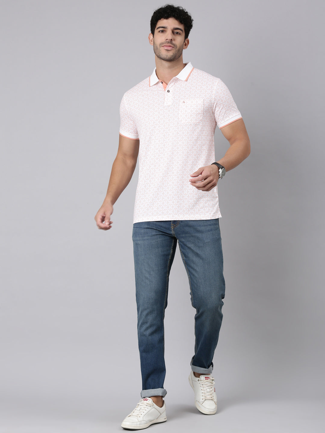 Classic Polo Men's Half Sleeve White/Orange Polo Neck Slim Fit All-Over Print Cotton T-Shirt | BELLO - 393 B SF P