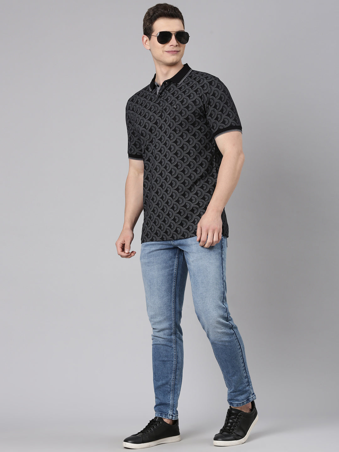 Classic Polo Men's Half Sleeve Black/Grey Polo Neck Slim Fit All-Over Print Cotton T-Shirt | LTS-AOP - 103 B SF P