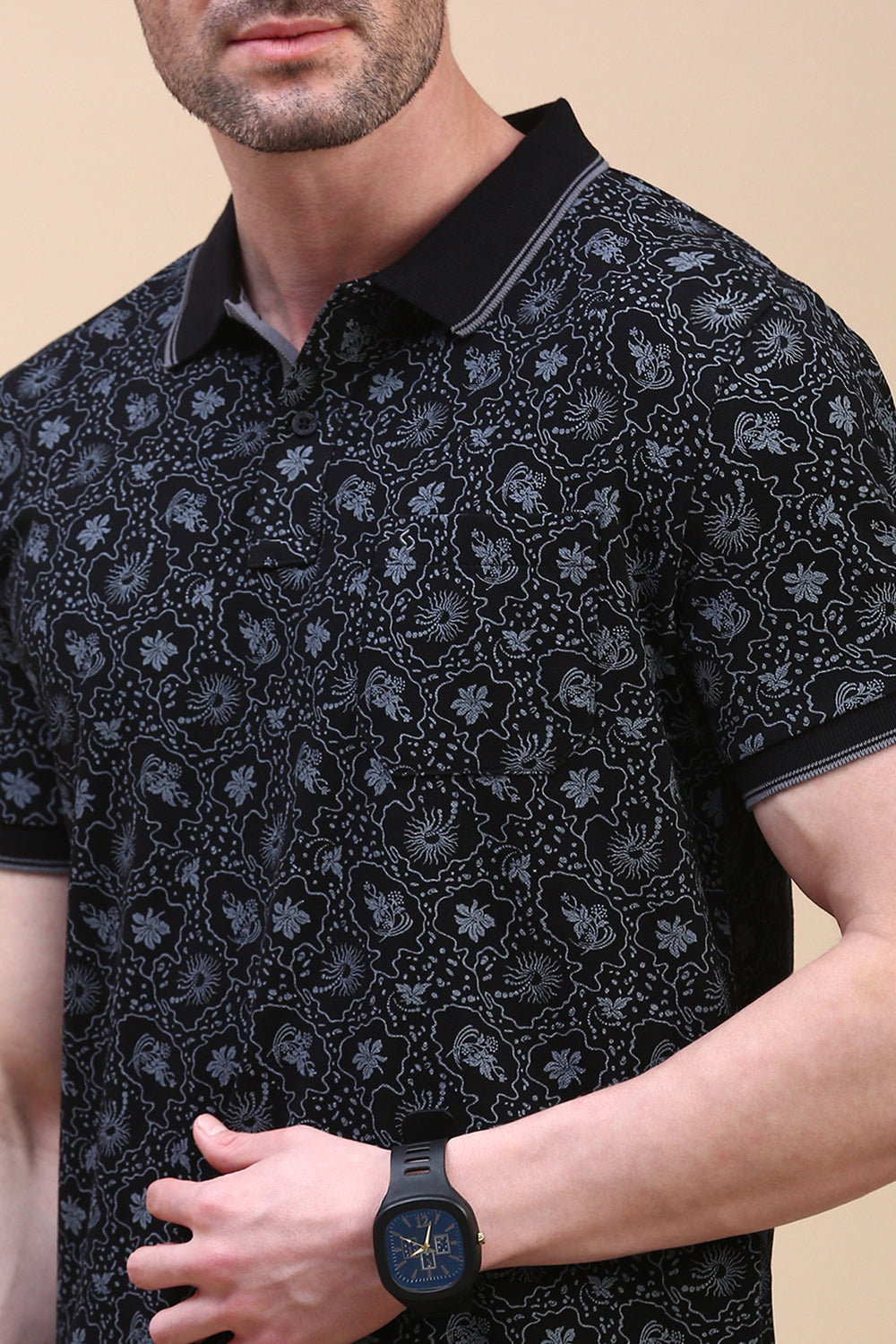 Classic Polo Men's Half Sleeve Black Polo Neck Slim Fit All-Over Print T-Shirt