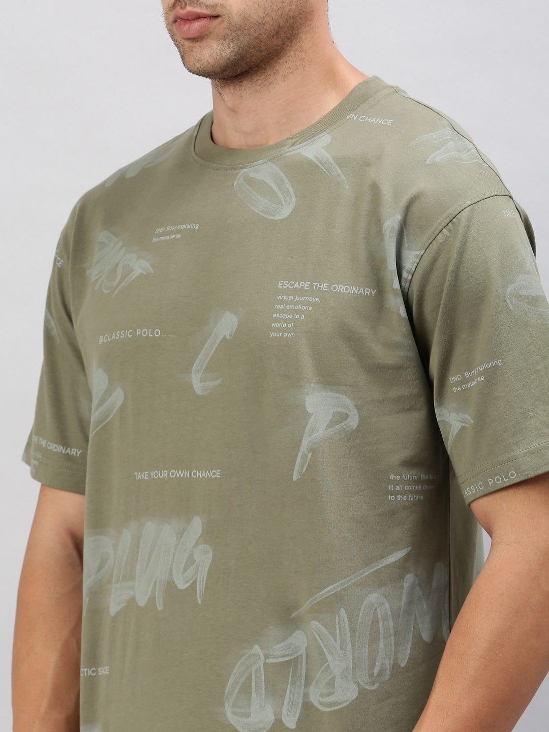 Classic Polo Men's Half Sleeve Olive/Grey Crew Neck Slim Fit Printed Oversized T-Shirt | GENX-CREW 57 B SF C