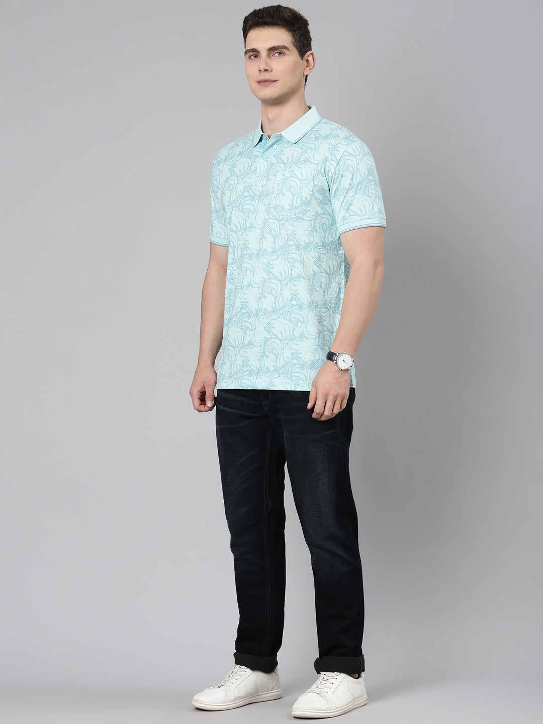 Classic Polo Men's Half Sleeve Aqua Green Polo Neck Slim Fit All Over Print Cotton T-Shirt | BELLO - 352 A SF P