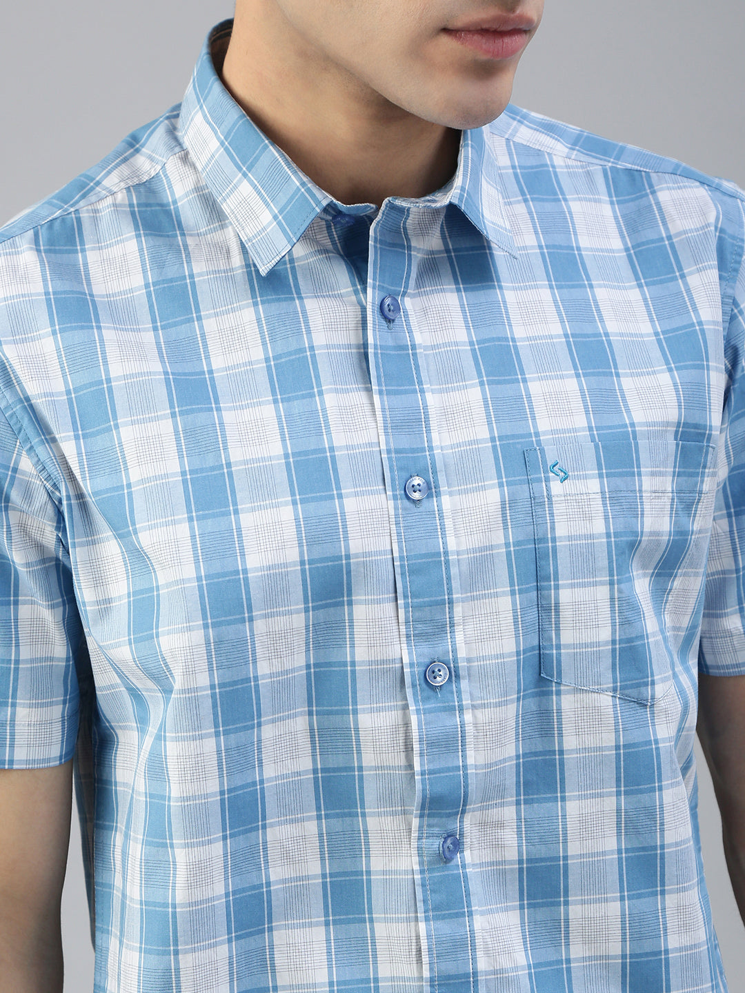Classic Polo Men's Half Sleeve Blue/White Polo Neck Slim Fit Checked Shirt||SQ1-CL-62 A-HS-CHK-SF