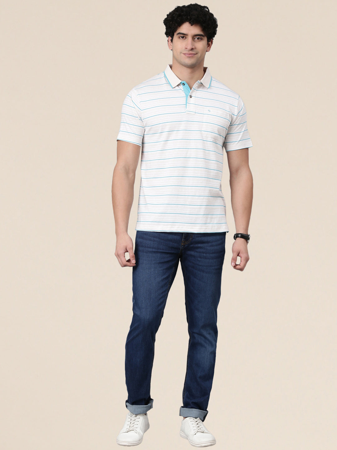 Classic Polo Men's Half Sleeve White/Blue Polo Neck Authentic Fit Striped Cotton Blend T-Shirt | FEEDERS - 303 A AF P