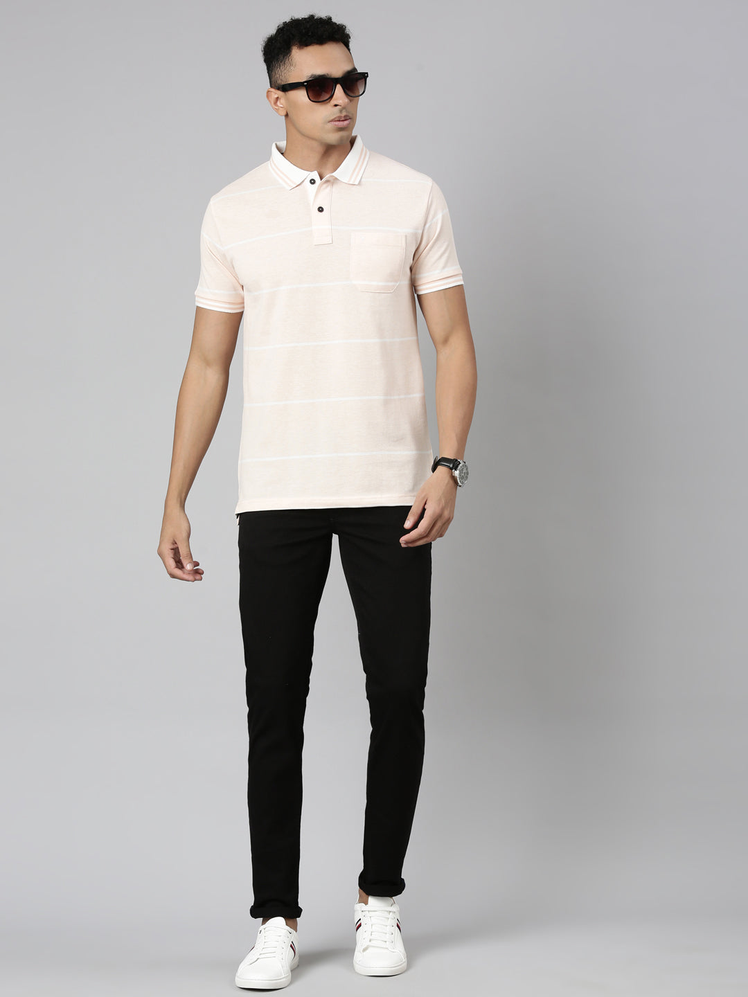 Classic Polo Men's Polo Neck Cotton Lt.Peach Slim Fit Striped T-Shirt | ADORE-216 A SF P