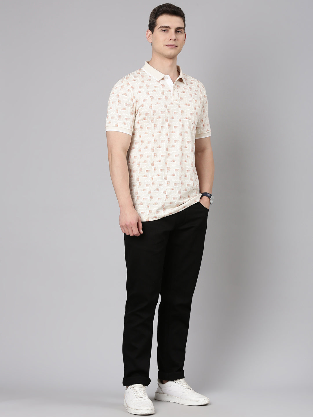 Classic Polo Men's Half Sleeve Beige/Brown Polo Neck Slim Fit All Over Print Cotton T-Shirt | BELLO - 345 B SF P