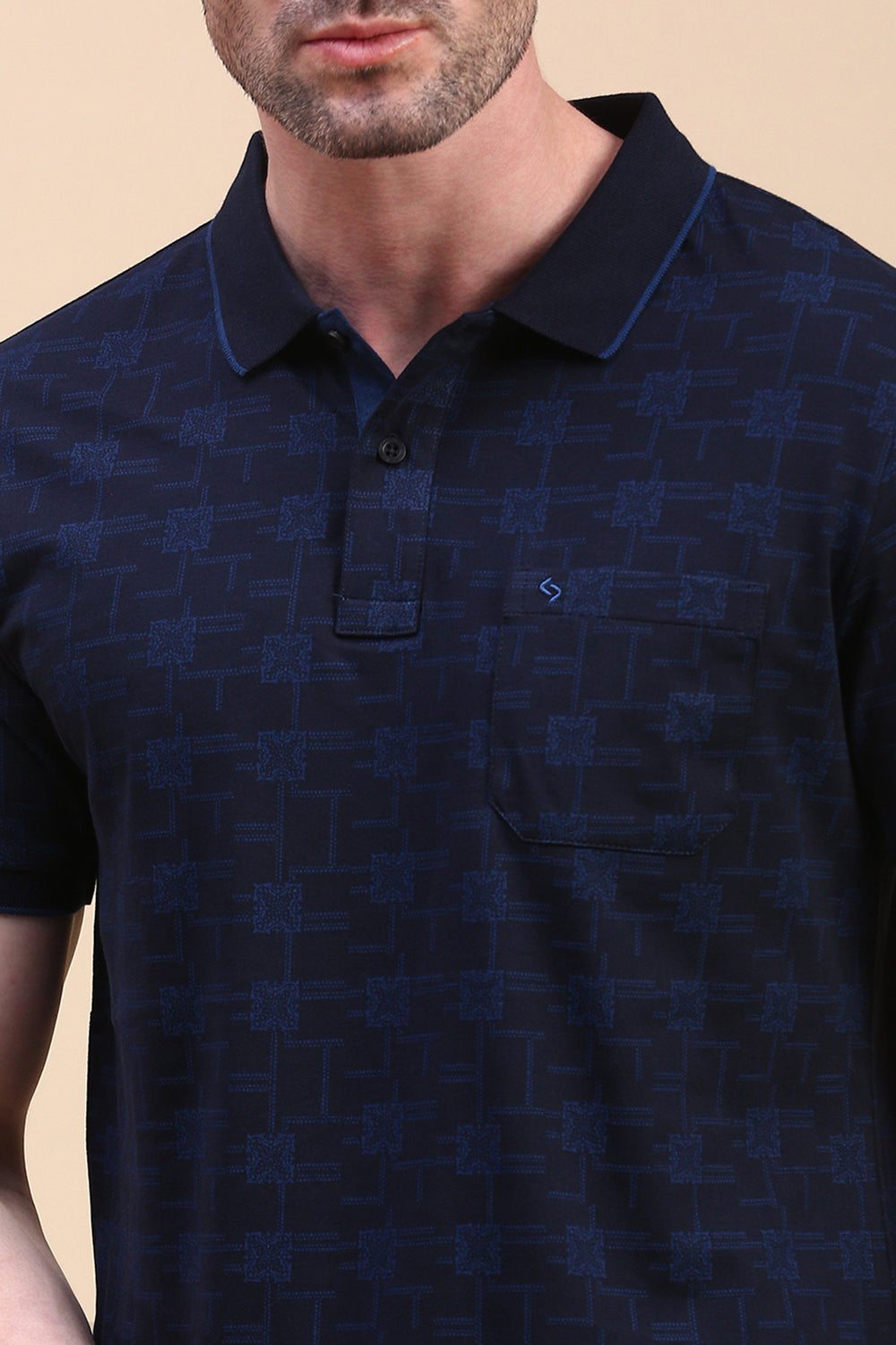 Classic Polo Men's Half Sleeve Navy Blue Polo Neck Slim Fit All Over Print T-Shirt | BELLO - 324 B SF P