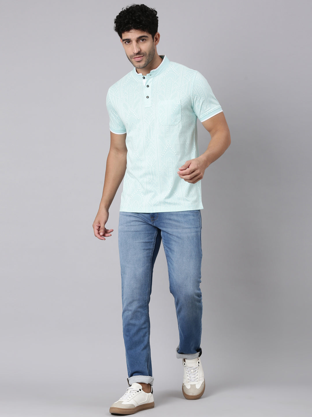 Classic Polo Men's Half Sleeve Light Blue Mandarin Collar Slim Fit All-Over Print Cotton T-Shirt | LTS-AOP - 118 B SF P