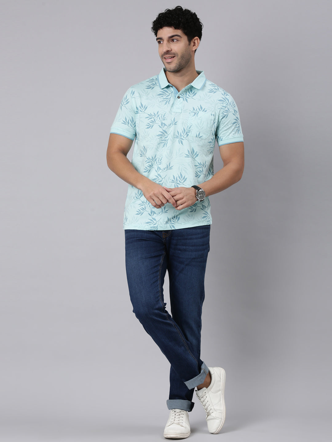 Classic Polo Men's Half Sleeve Light Green Polo Neck Slim Fit All-Over Print Cotton T-Shirt | BELLO - 398 B SF P