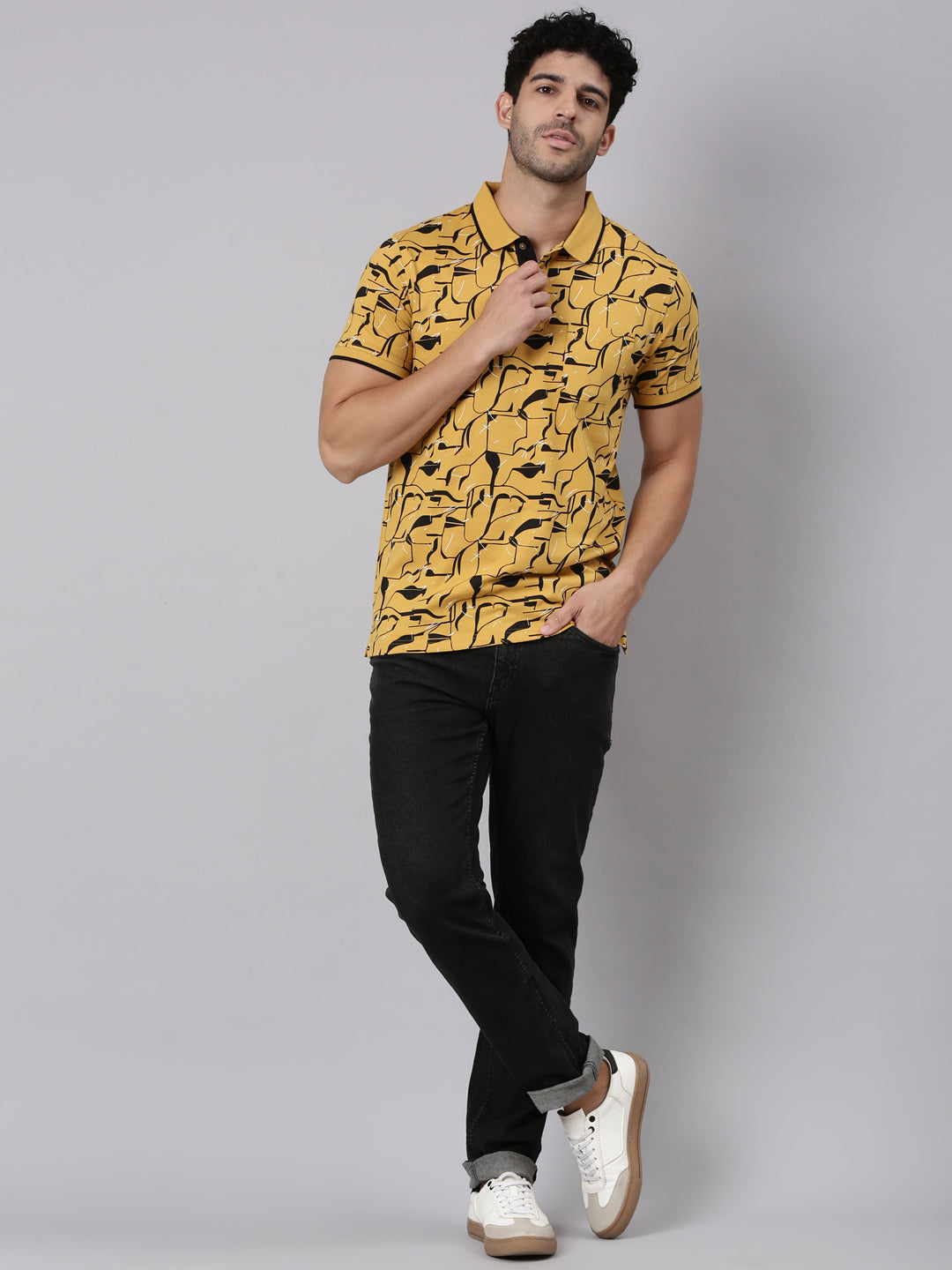 Classic Polo Men's Half Sleeve Yellow/Black Polo Neck Slim Fit All-Over Print Cotton T-Shirt | BELLO - 407 A SF P
