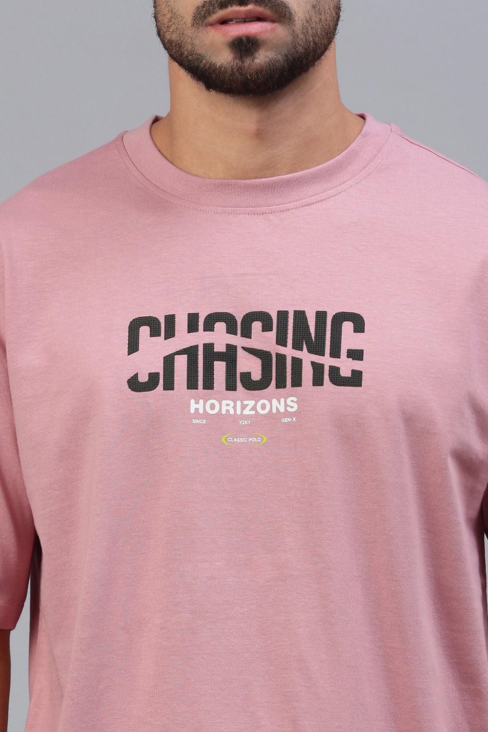 Classic Polo Men's Half Sleeve Pink Crew Neck Slim Fit Printed Drop Shoulder T-Shirt