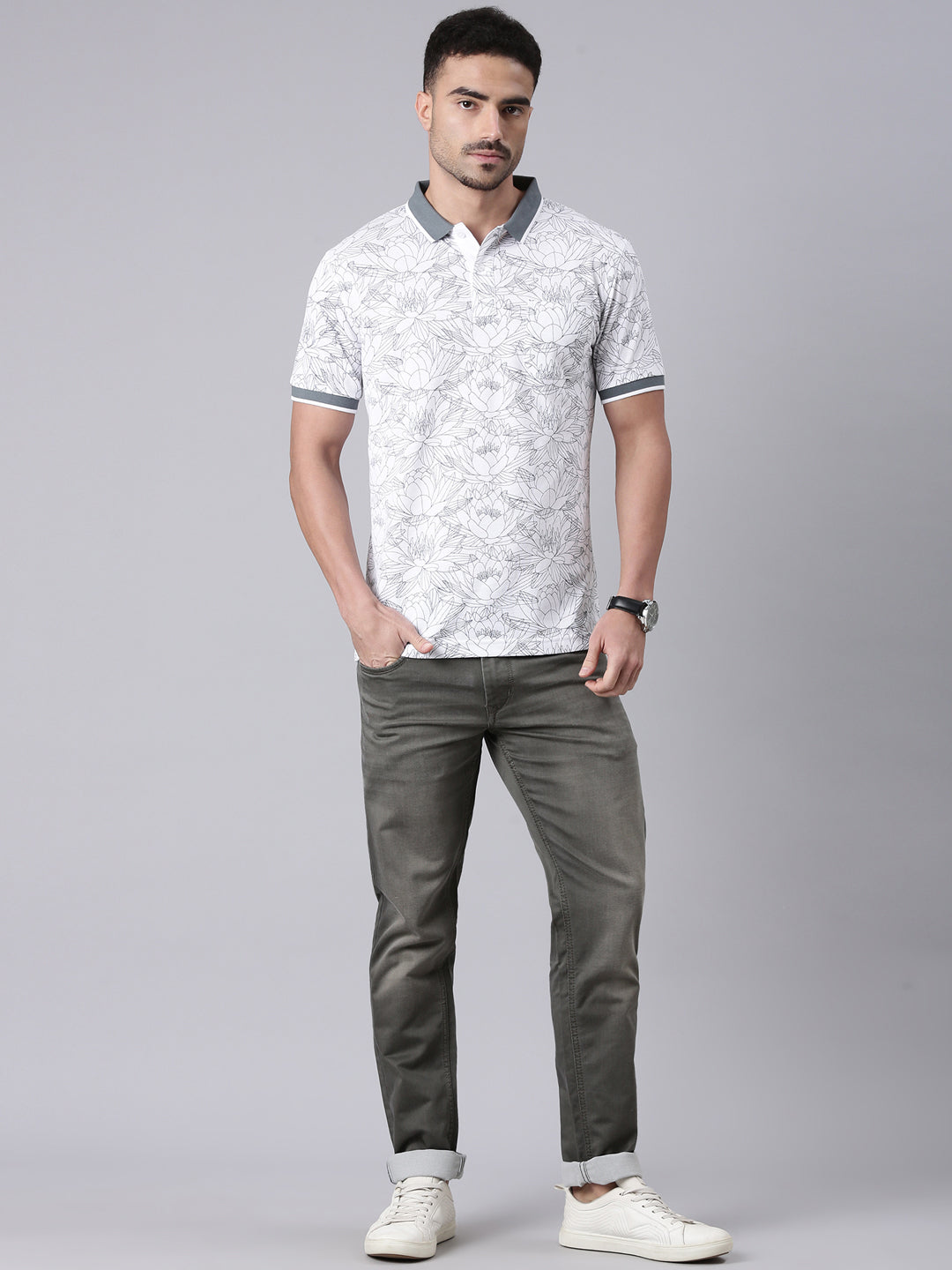 Classic Polo Men's Half Sleeve White/Grey Polo Neck Slim Fit All Over Print Cotton T-Shirt | LTS-AOP - 99 B SF P