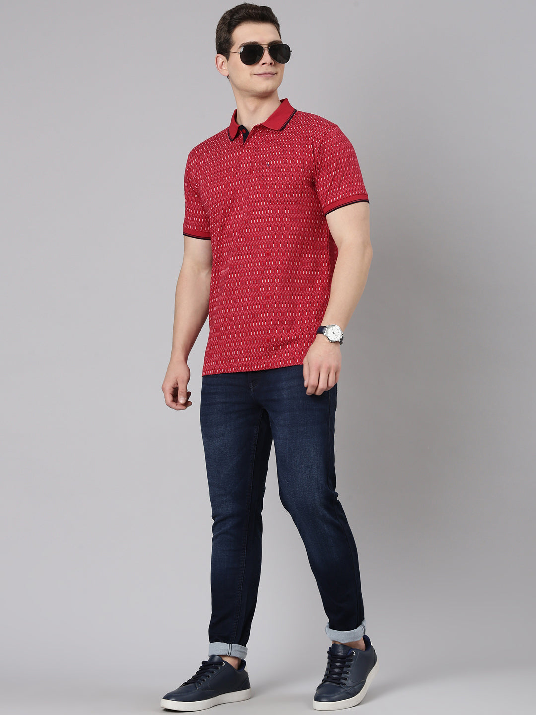 Classic Polo Men's Half Sleeve Red Polo Neck Slim Fit All Over Print Cotton T-Shirt | BELLO - 348 A SF P