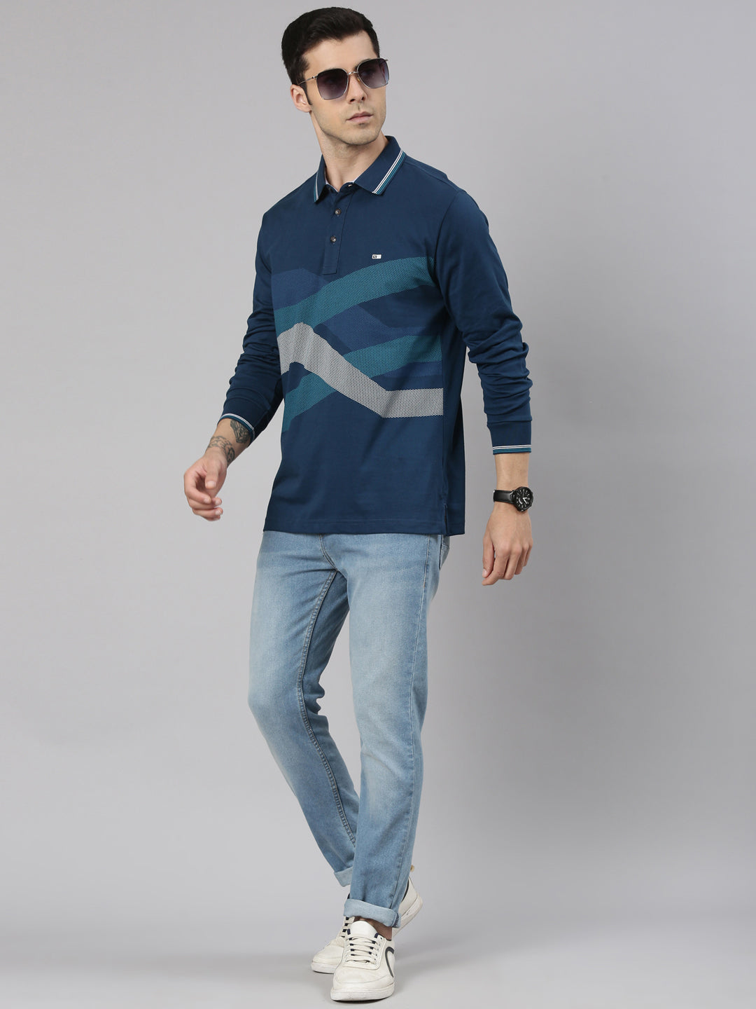 Classic Polo Men's Full Sleeve Navy Blue Polo Neck Slim Fit Printed Cotton T-Shirt | VERNO - 369 A SF P