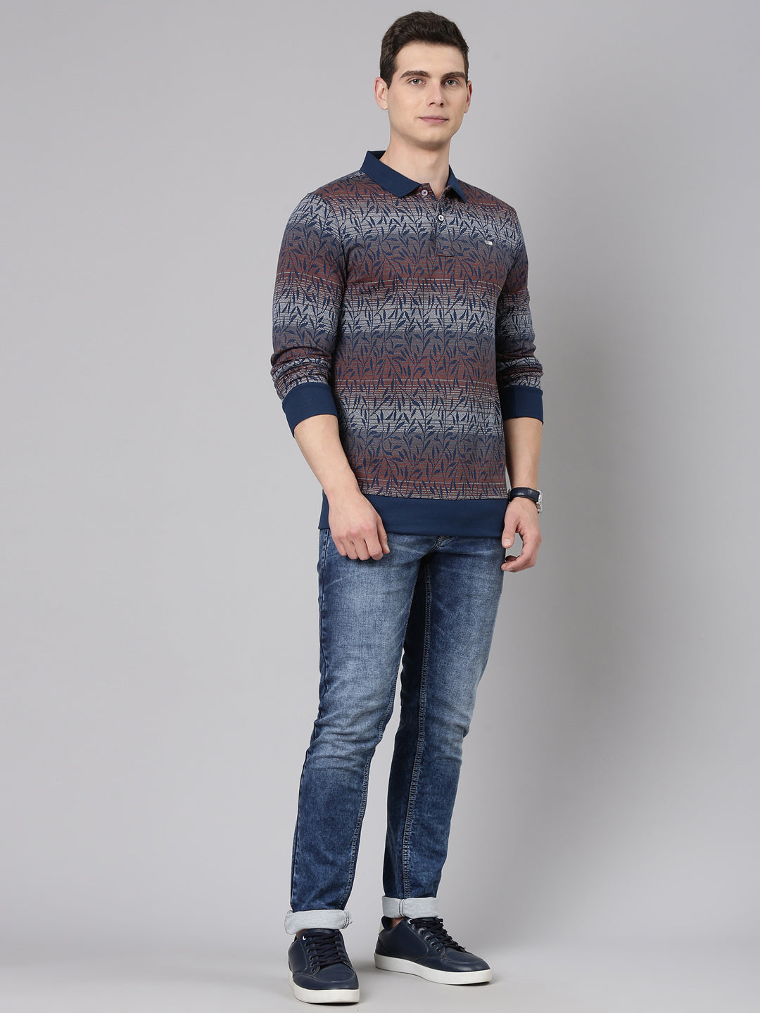 Classic Polo Men's Full Sleeve Multicolor Polo Neck Slim Fit All-Over Print Cotton T-Shirt | VERNO - 366 B SF P