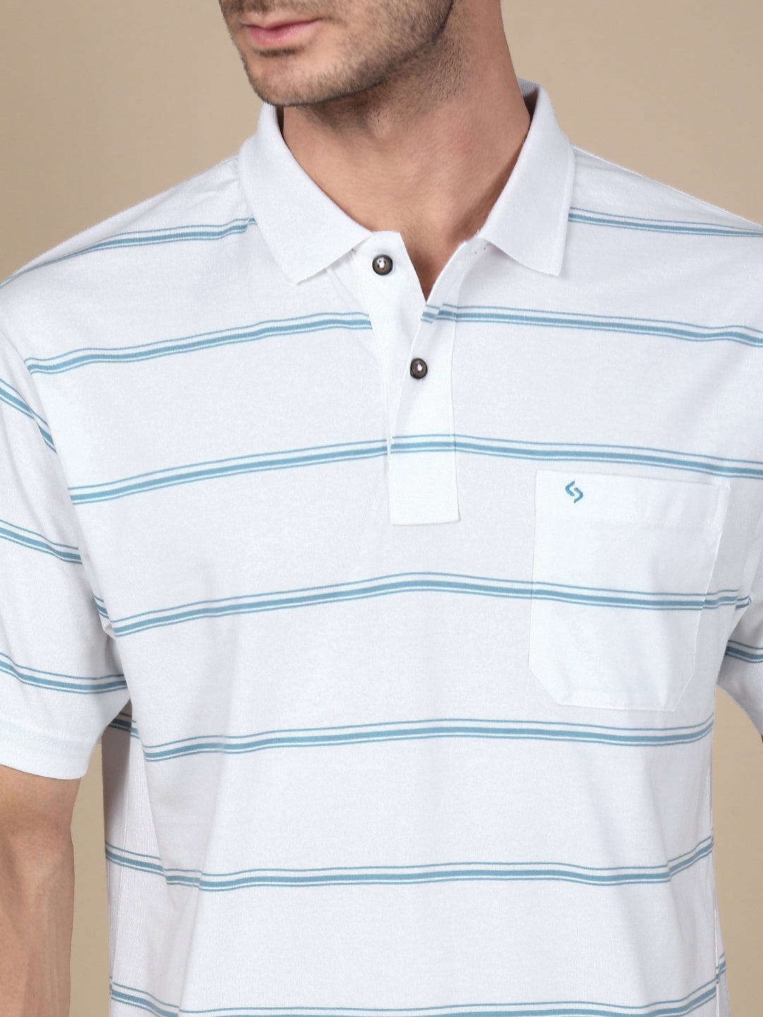 Classic Polo Men's Half Sleeve White/Blue Polo Neck Authentic Fit Striped T-Shirt||AVON - 604 B AF P