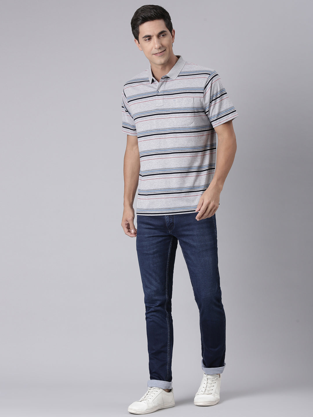 Classic Polo Men's Half Sleeve Grey Polo Neck Authentic Fit Striped Cotton Blend T-Shirt | AVON - 626 A AF P