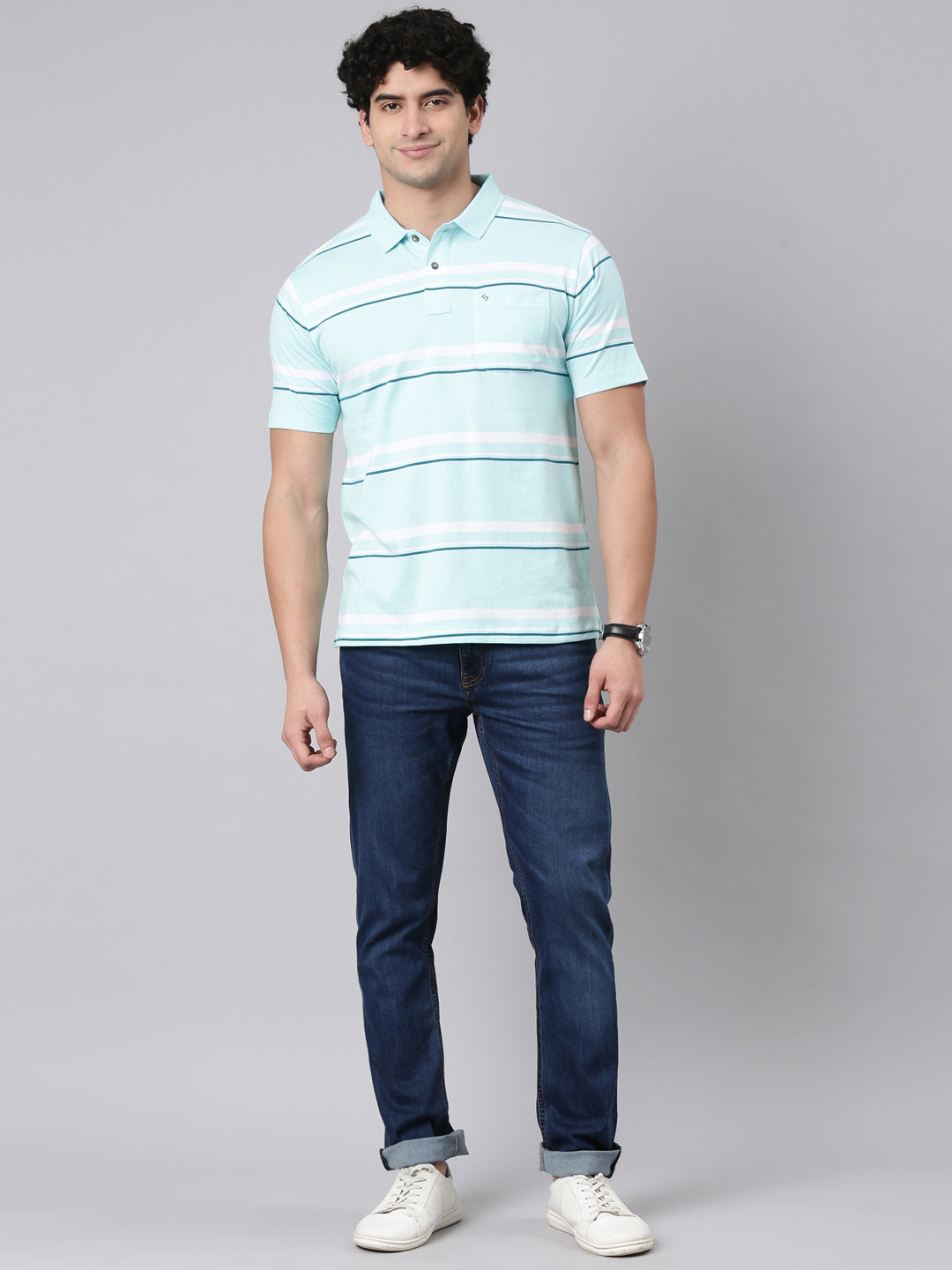 Classic Polo Men's Half Sleeve Light Blue/White Polo Neck Authentic Fit Striped Cotton Blend T-Shirt | AVON - 655 A AF P